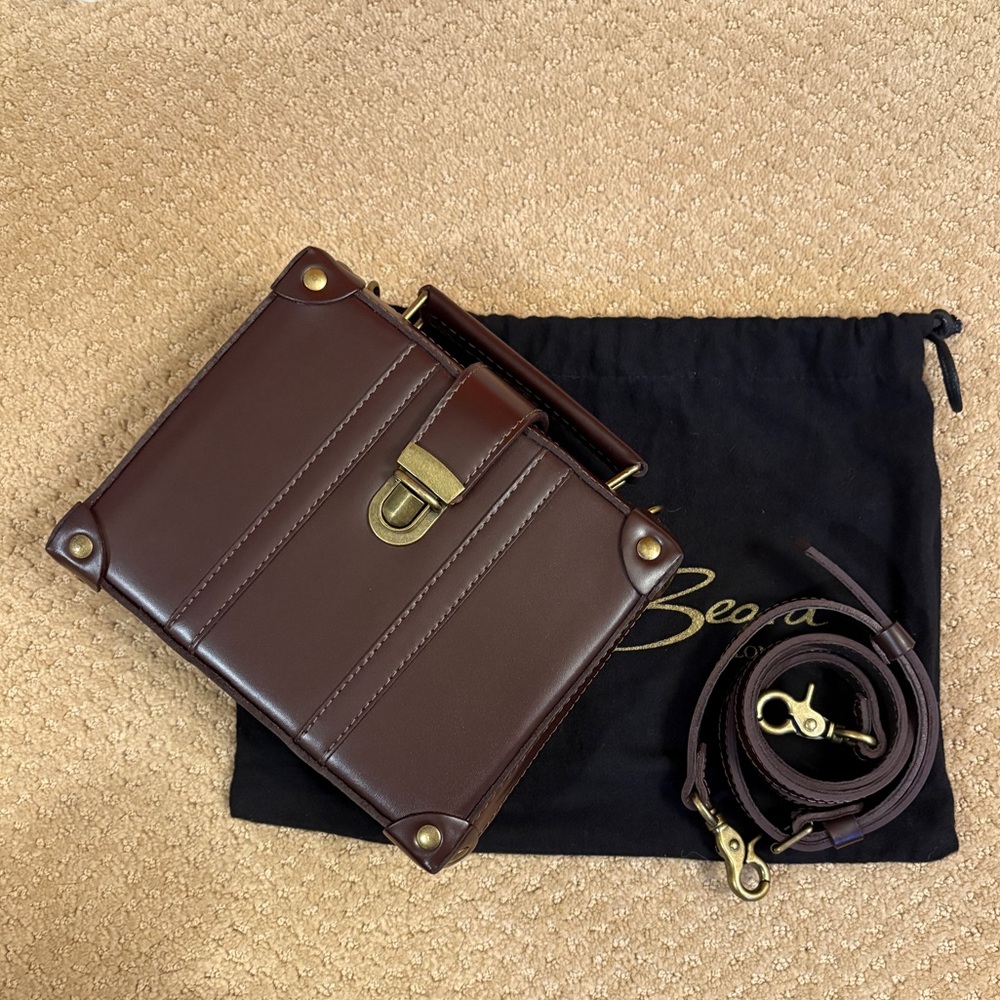 Brown Leather Crossbody Box Bag with Brass Hardware